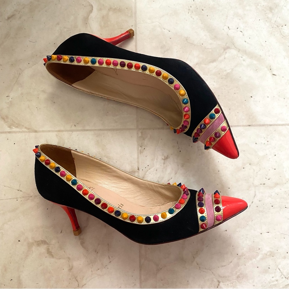 $1,095 Christian Louboutin Black Suede Leather Malabar Hill Spiked Pumps Heels 7
